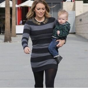 FRENCH CONNECTION Sweater Dress 8 Green Black Striped Knit Stretch Long Sleeve